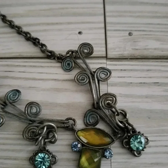 Boho Patina Pendant Blue Rhinestones Antique Silver Tone Statement Necklace - Picture 3 of 10